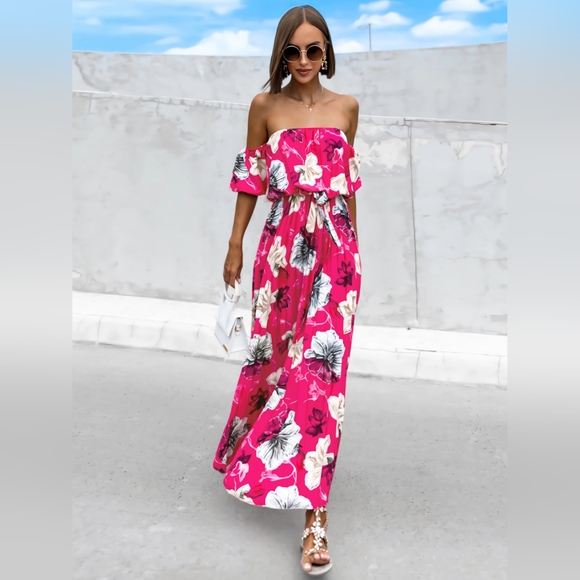 Pleated Floral Off-Shoulder Short Sleeve Midi Dress - Picture 3 of 8